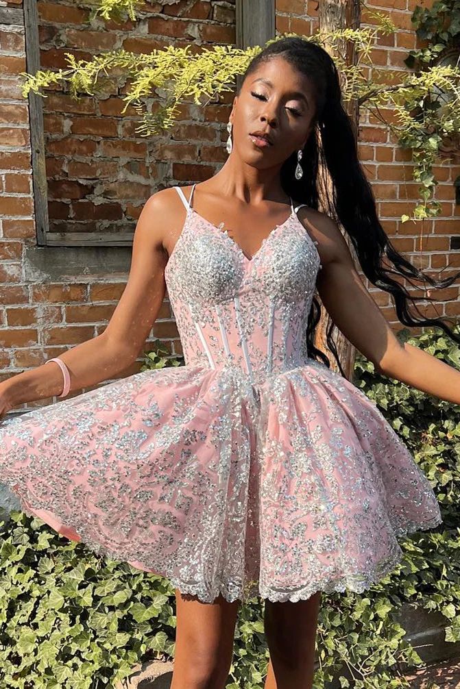 Black Girl Pink Homecoming Dress with Silver Lace