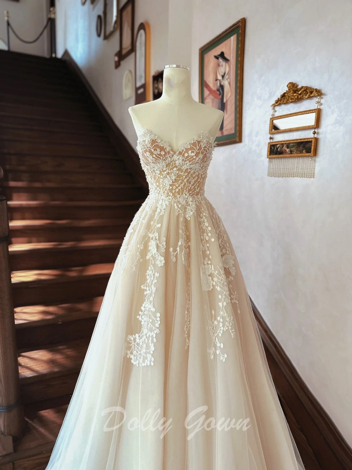 Fairy Illusion Lace Top A-line Sheer Flowy Champagne Wedding Dress