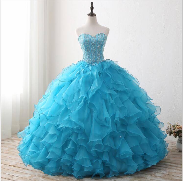 Turquoise Ruffle Ball Gown Masquerade Prom Dress Quinceanera Dress 0564