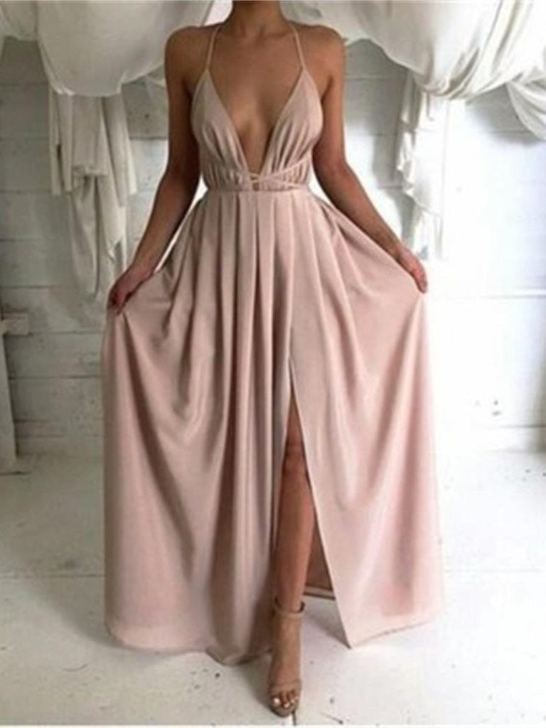 V-Neck Spaghetti Strap Backless Prom Dress With Criss-Cross Straps
