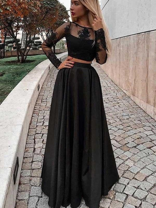 Long Sleeve Two Piece Lace Black Prom Dresses with Pockets FD1711