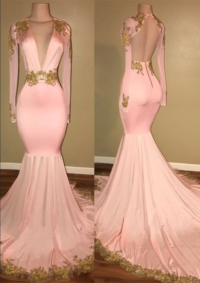 Blush Pink Deep V neck Tight Prom Dress with Sleeves