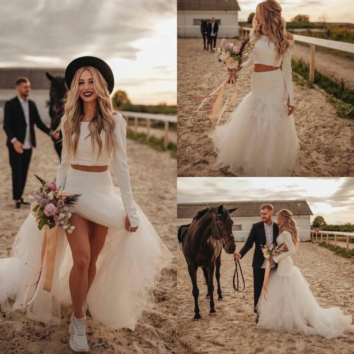 Casual Country Style Lace Top Two Piece Wedding Dress with Tulle Skirt  Bridal Separates