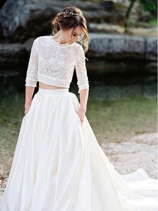 Two Piece Wedding Dress Set Lace Crop Top With Round Neckline and Elbow  Sleeves 2 Piece Wedding Dress With Long Sleeves 
