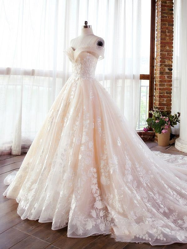White Lace Overlaid Champagne Princess Wedding Gown - Promfy