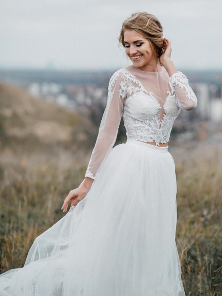 Modern Rustic Long Sleeve Lace Crop Top Wedding Dress Bridal