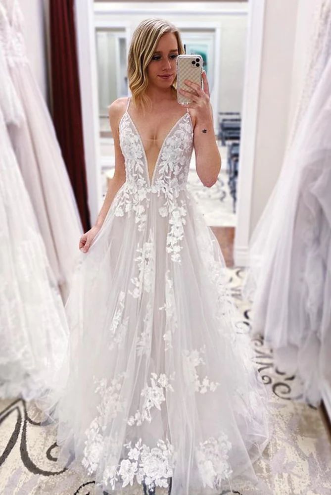 Elegant Lace Plunging Neckline Aline Modern Wedding Dress