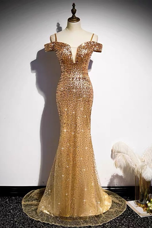 long gold sparkly prom dress