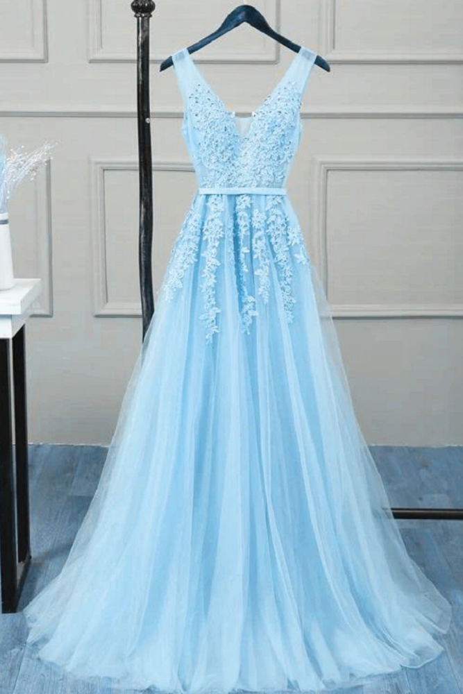 Floral Lace Appliqued Blue Tulle Overskirt Formal Dress - VQ