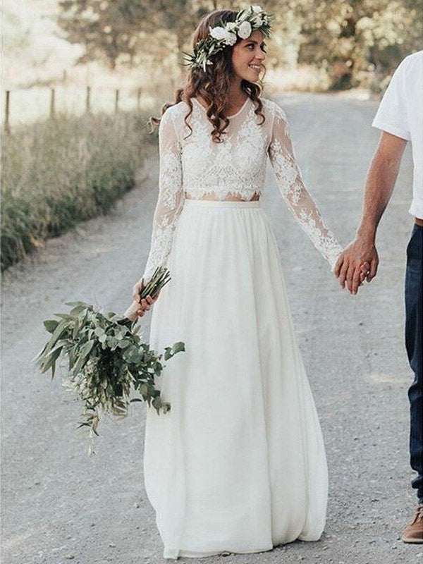 Rustic Long Sleeved Lace Crop Top Two Piece Wedding Dress | Long Bridal  Separates