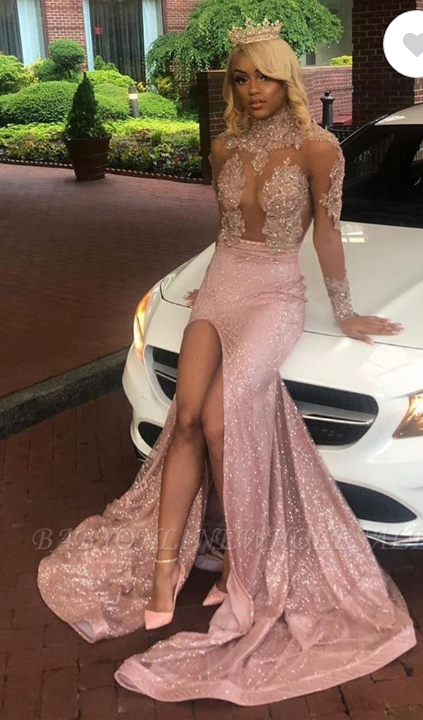Two Piece Dusty Pink Long Prom Dress Puff Sleeve Formal Dresses