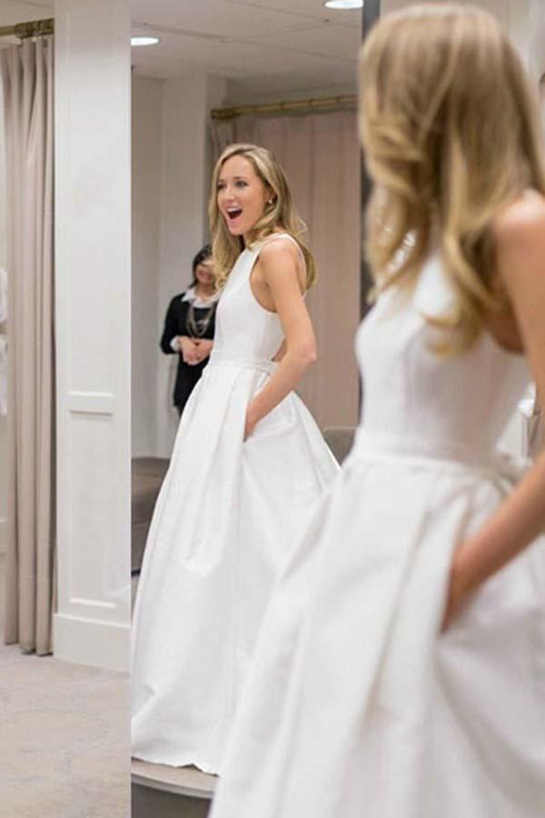 Simple Cross Back Modest Plain Wedding Dress with Pockets and little Bow  Back