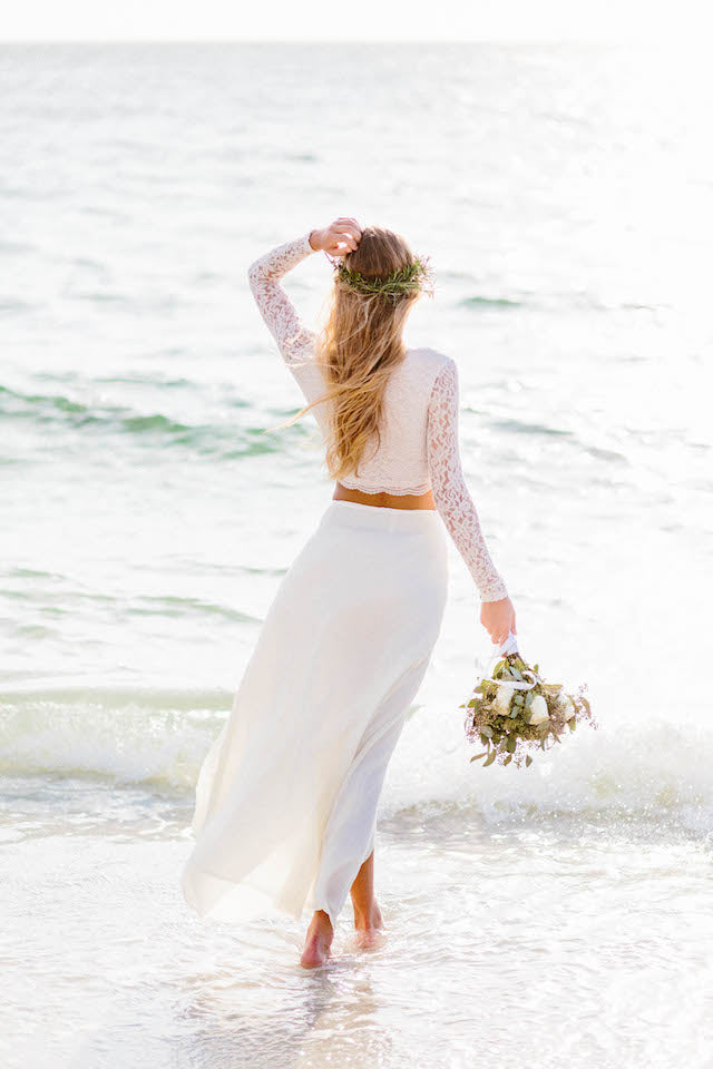 Summer Flowy Beach Lace Crop Top Chiffon Skirt Two Piece Wedding Dress
