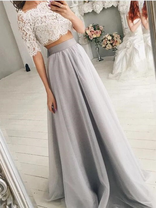 Unique Lace Cap Sleeves Crop Top Bridal Separates Two Piece Wedding Dress  with Tulle Skirt