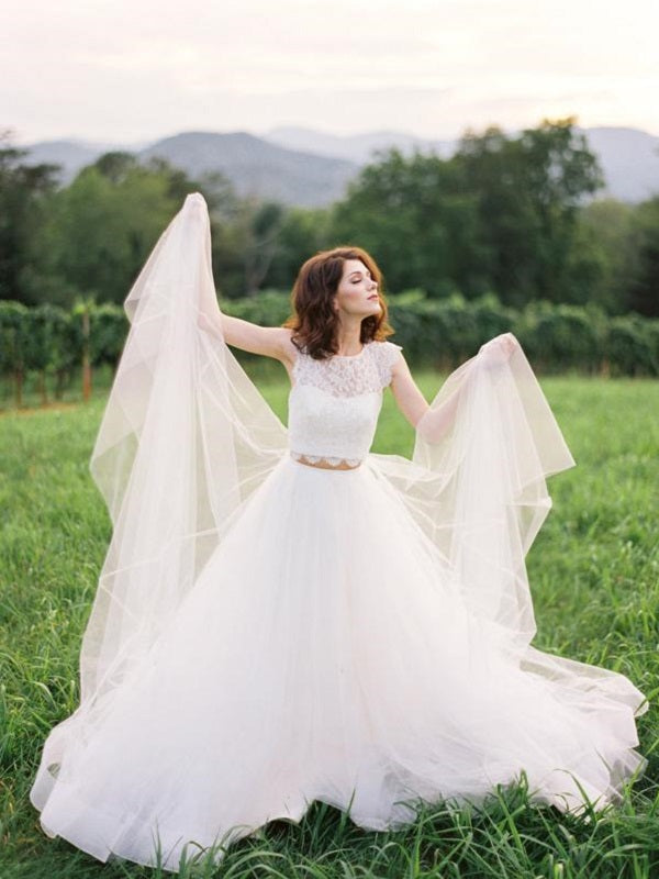 Unique Lace Cap Sleeves Crop Top Bridal Separates Two Piece