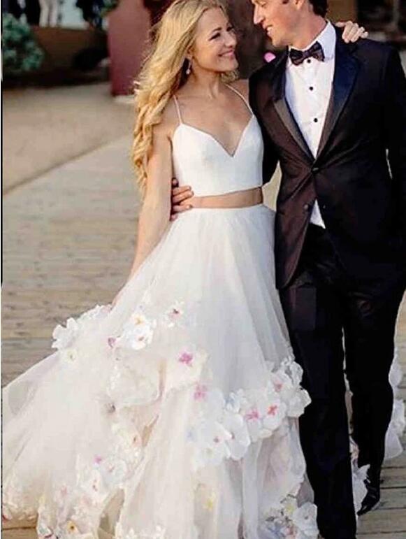 Casual Boho Long Two Piece Lace Crop Top Wedding Dress with