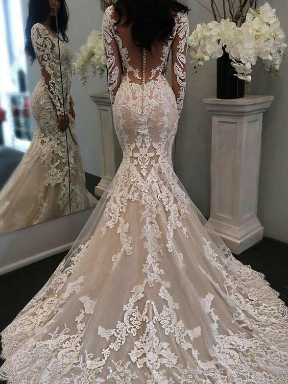 Lace Illusion Neck Long Sleeves Customized Wedding Dress