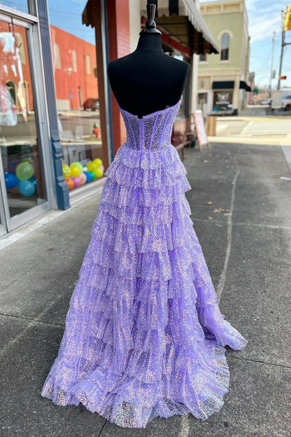 Lavender Glitter Tulle Corset See Through Ruffle Tiered Long Prom Dress with Slit -DollyGown