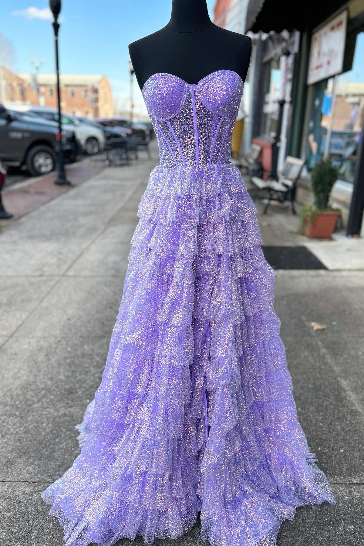 Lavender Glitter Tulle Corset See Through Ruffle Tiered Long Prom Dress with Slit -DollyGown