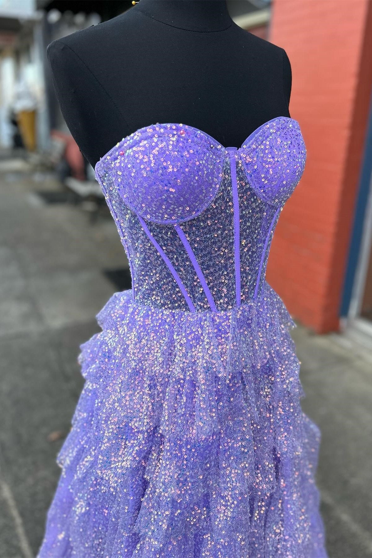 Lavender Glitter Tulle Corset See Through Ruffle Tiered Long Prom Dress with Slit -DollyGown