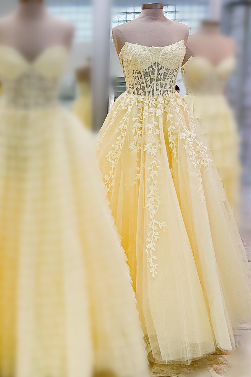 Yellow Appliques Strapless A-Line Long Sheer Prom Dress - DollyGown