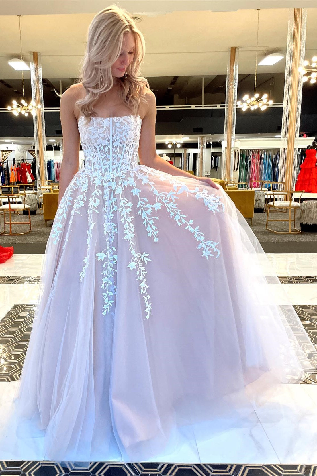 Pearl Pink Appliques Strapless A-Line Long Sheer Prom Dress - DollyGown