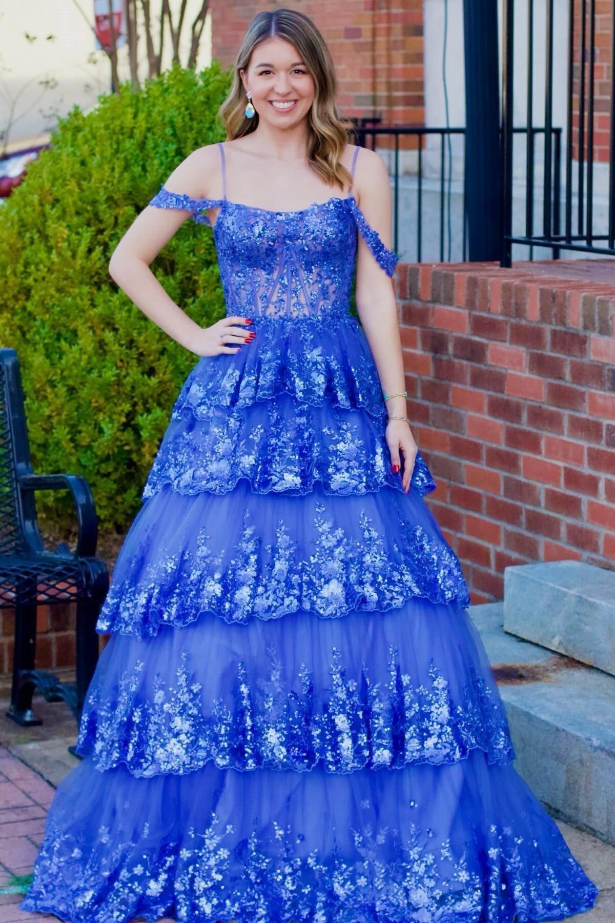 Tulle Sequin Lace Cold-Shoulder Ruffle Tiered Long Prom Dress - DollyGown