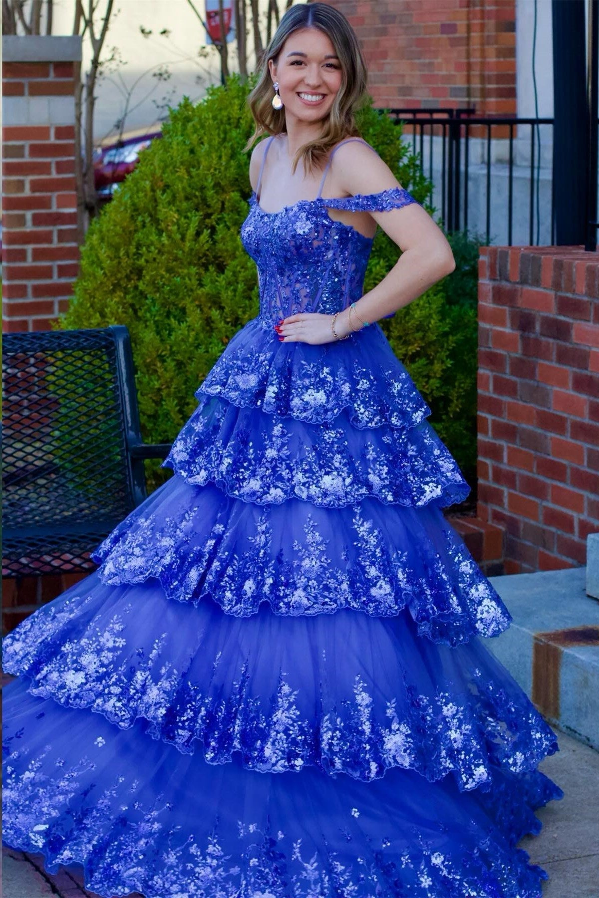 Tulle Sequin Lace Cold-Shoulder Ruffle Tiered Long Prom Dress - DollyGown