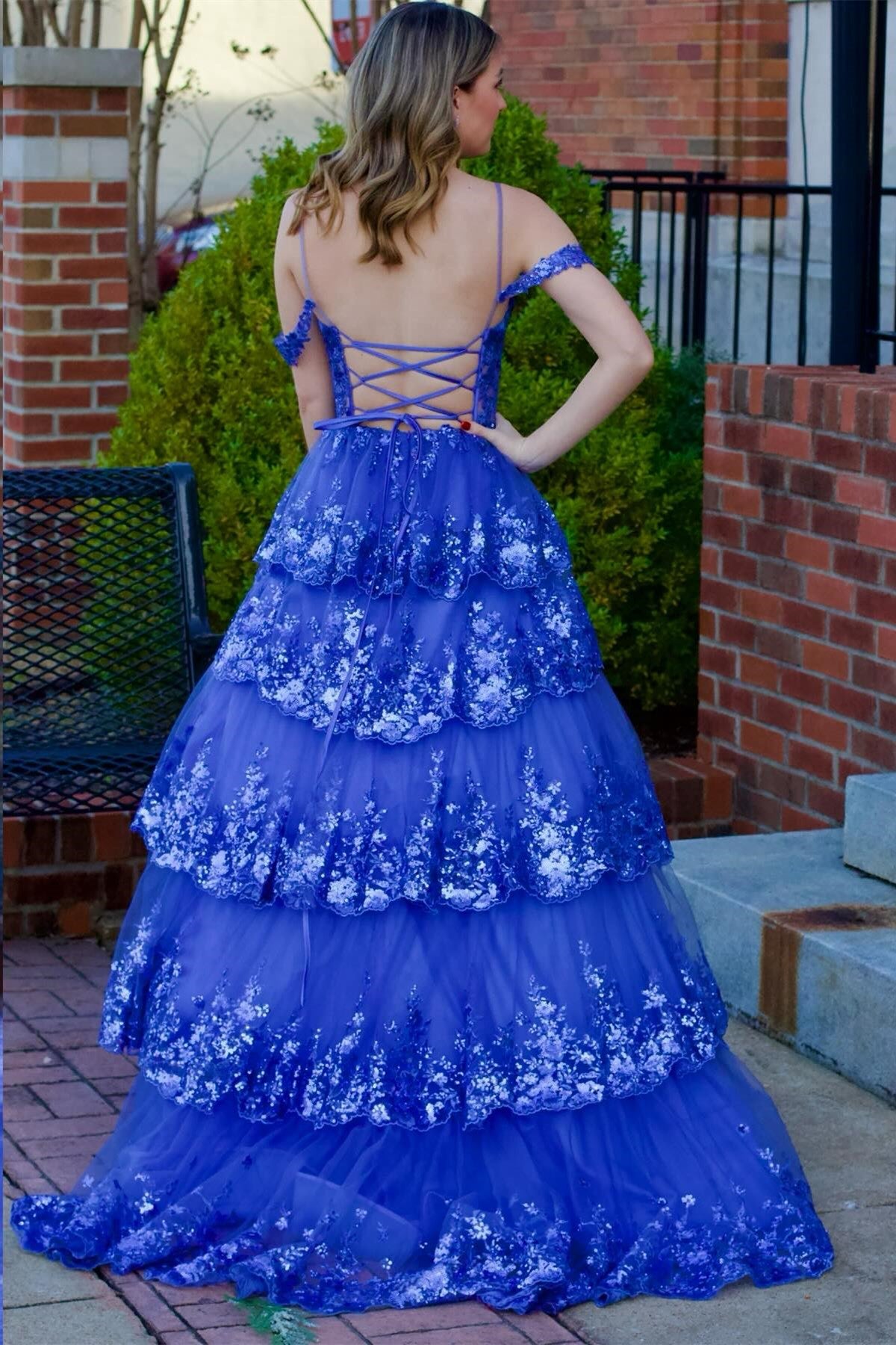 Tulle Sequin Lace Cold-Shoulder Ruffle Tiered Long Prom Dress - DollyGown