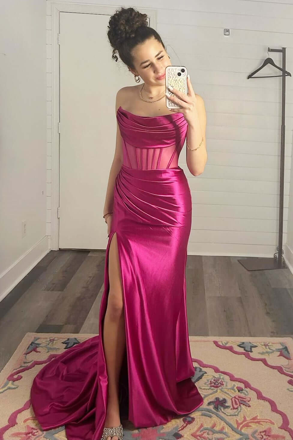 Hot Pink Cowl Neck Corset Mermaid Long Formal Dress with High Slit - DollyGown