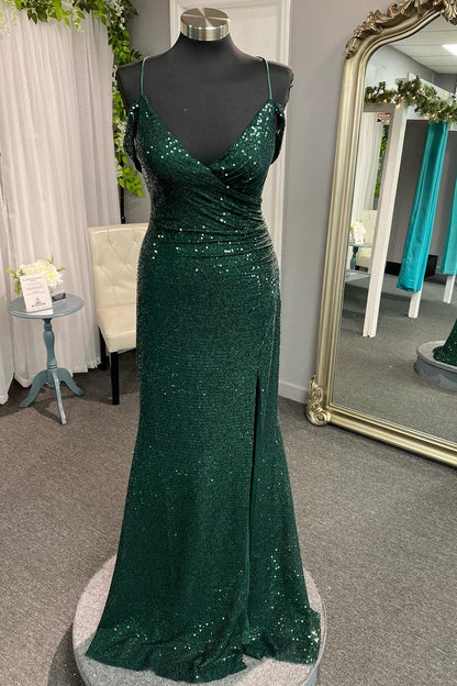 Emerald green Sequin Surplice Mermaid Long Prom Dress with Side Slit - DollyGown