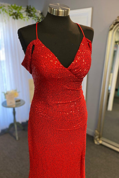 Red Sequin Surplice Mermaid Long Prom Dress with Side Slit - DollyGown