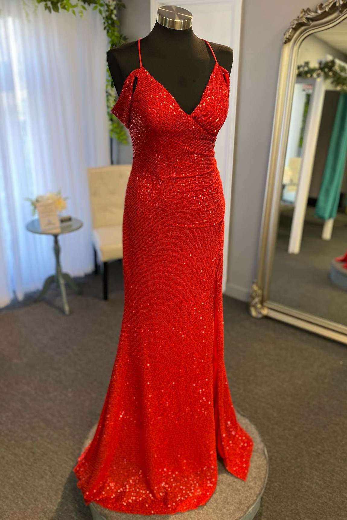 Red Sequin Surplice Mermaid Long Prom Dress with Side Slit - DollyGown