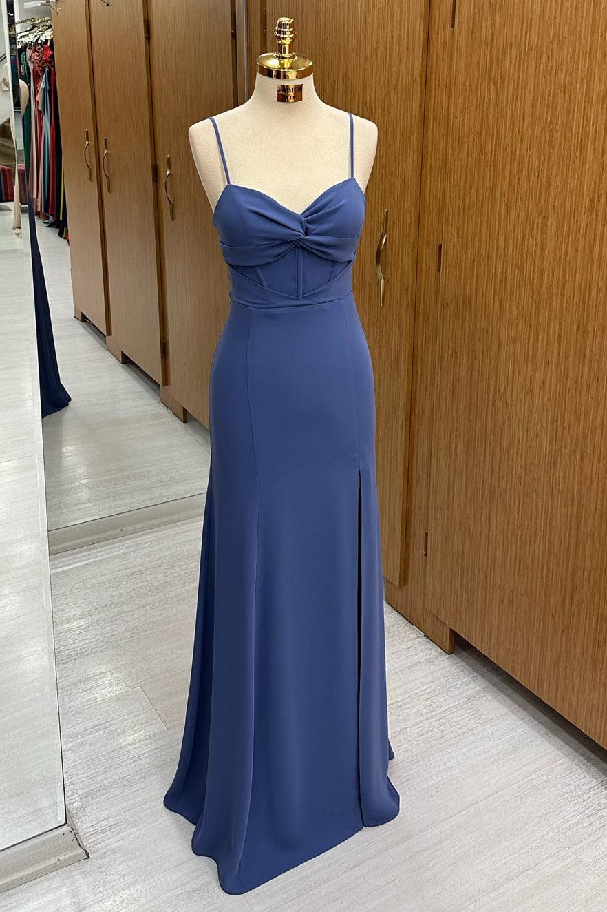 Navy Blue Twist-Front Long Evening Dress with Side Slit - DollyGown