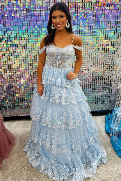 Tulle Sequin Lace Cold-Shoulder Ruffle Tiered Long Prom Dress - DollyGown