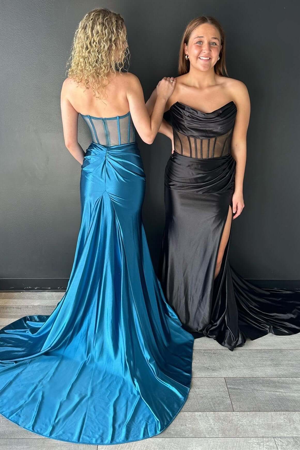 Blue Cowl Neck Corset Mermaid Long Formal Dress with High Slit - DollyGown