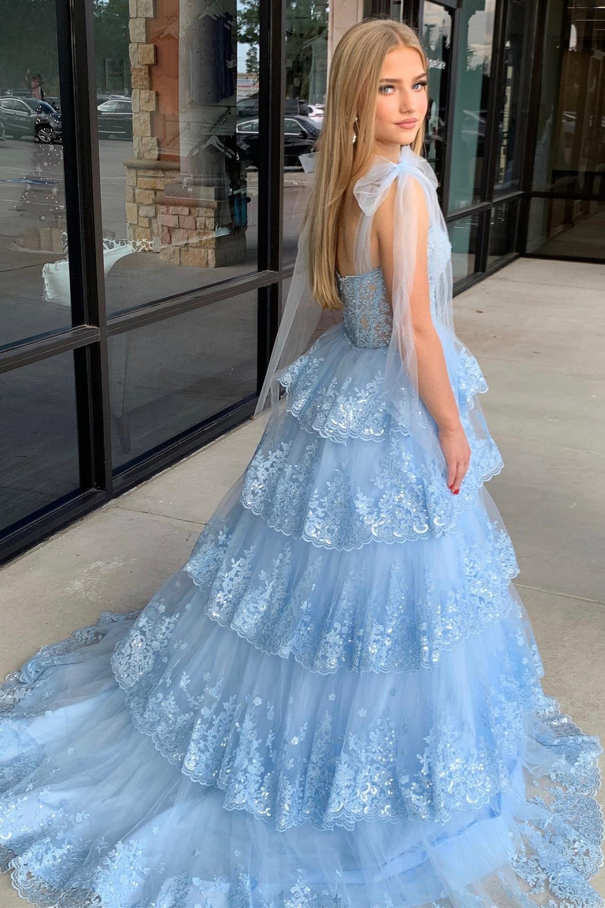 Light Blue Tulle Appliques Tie Straps Ruffle Tiered Lace Long Prom Dress - DollyGown