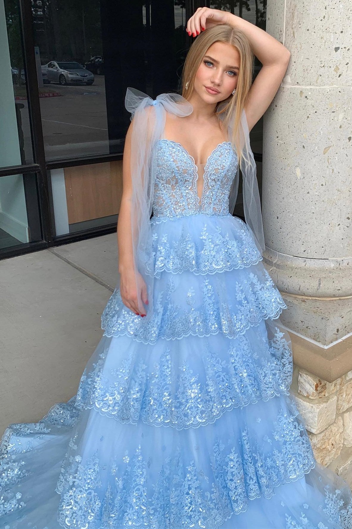 Light Blue Tulle Appliques Tie Straps Ruffle Tiered Lace Long Prom Dress - DollyGown