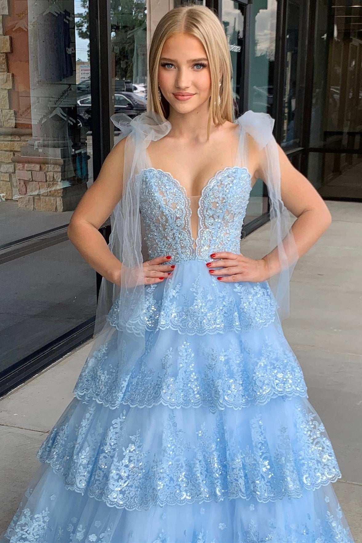 Light Blue Tulle Appliques Tie Straps Ruffle Tiered Lace Long Prom Dress - DollyGown