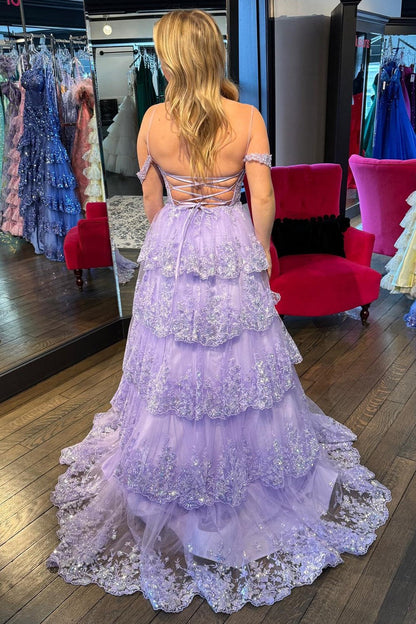 Tulle Sequin Lace Cold-Shoulder Ruffle Tiered Long Prom Dress - DollyGown