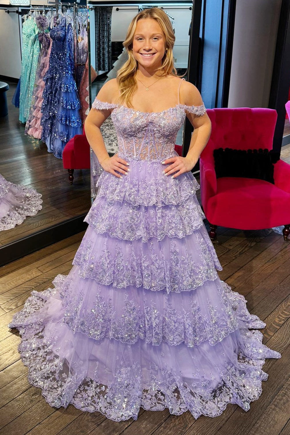 Tulle Sequin Lace Cold-Shoulder Ruffle Tiered Long Prom Dress - DollyGown