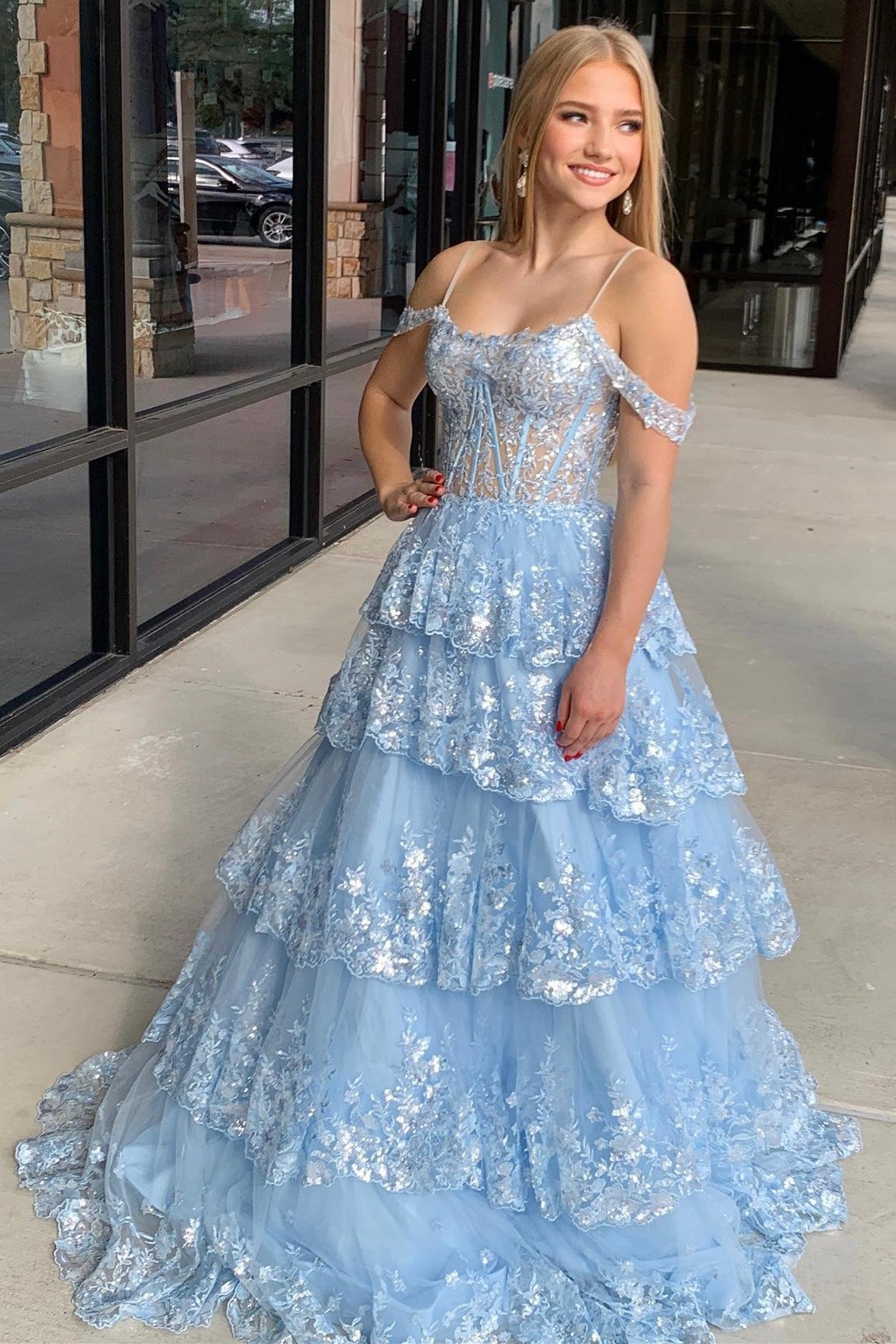 Tulle Sequin Lace Cold-Shoulder Ruffle Tiered Long Prom Dress - DollyGown