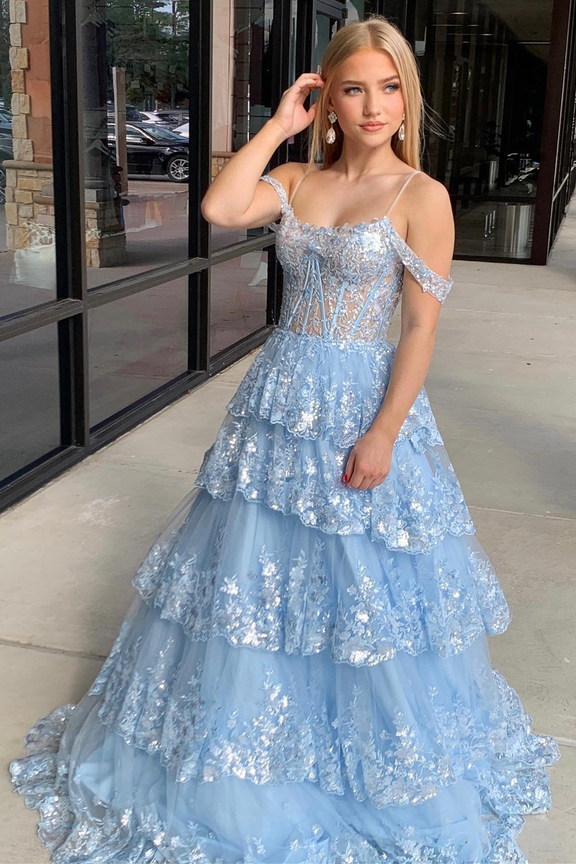 Tulle Sequin Lace Cold-Shoulder Ruffle Tiered Long Prom Dress - DollyGown