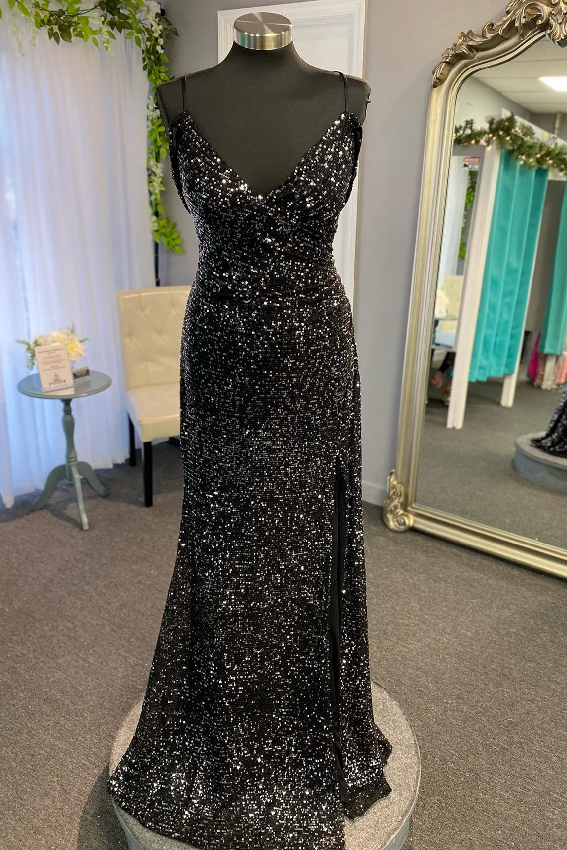 Black Sequin Surplice Mermaid Long Prom Dress with Side Slit - DollyGown