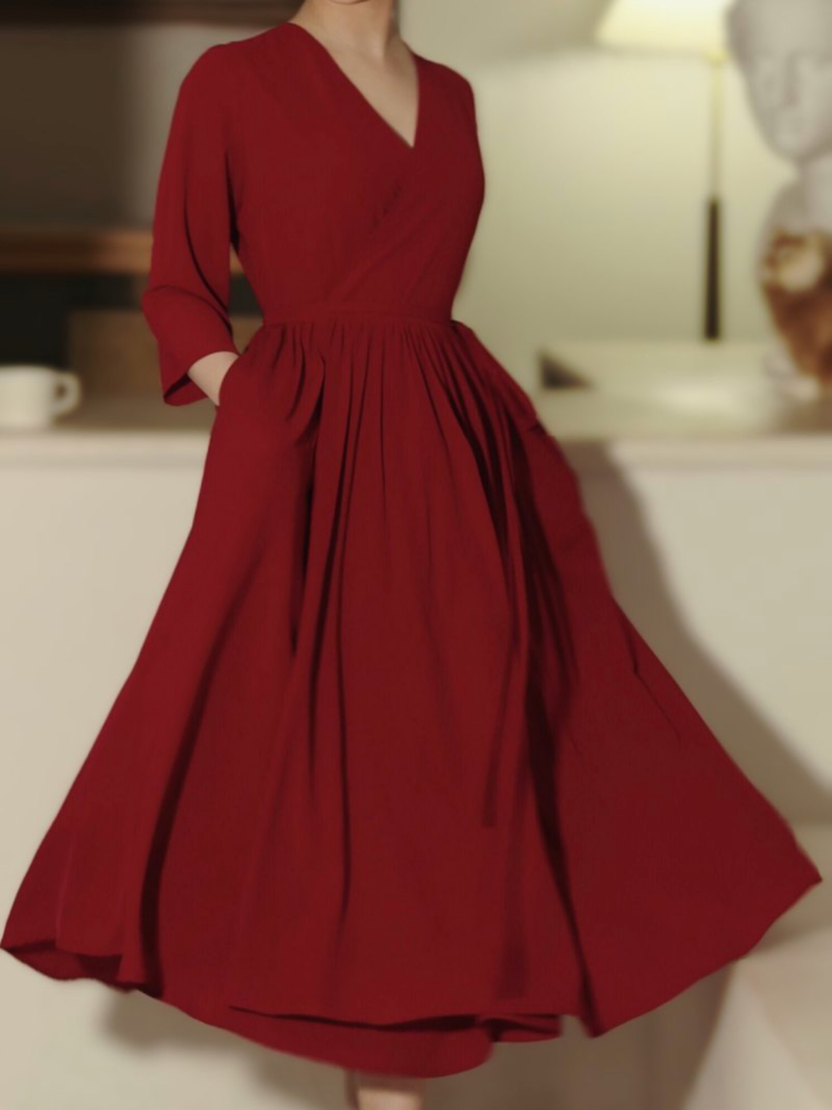 Burgundy Modest 50s Vintage V neck Summer Dress with Sleeves - DollyGown