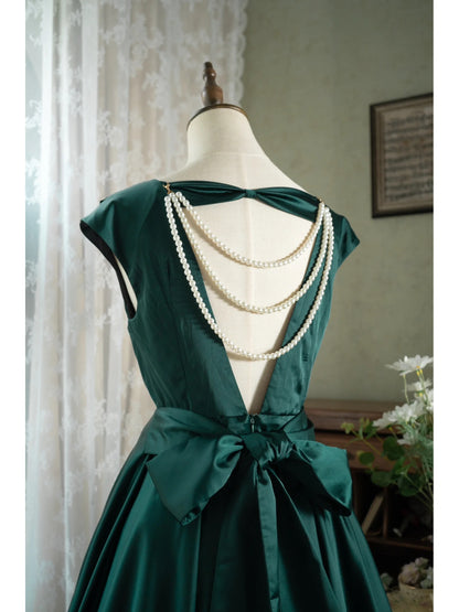 Cow Neck 50s Open Back Vintage Emerald Green Dress - DollyGown