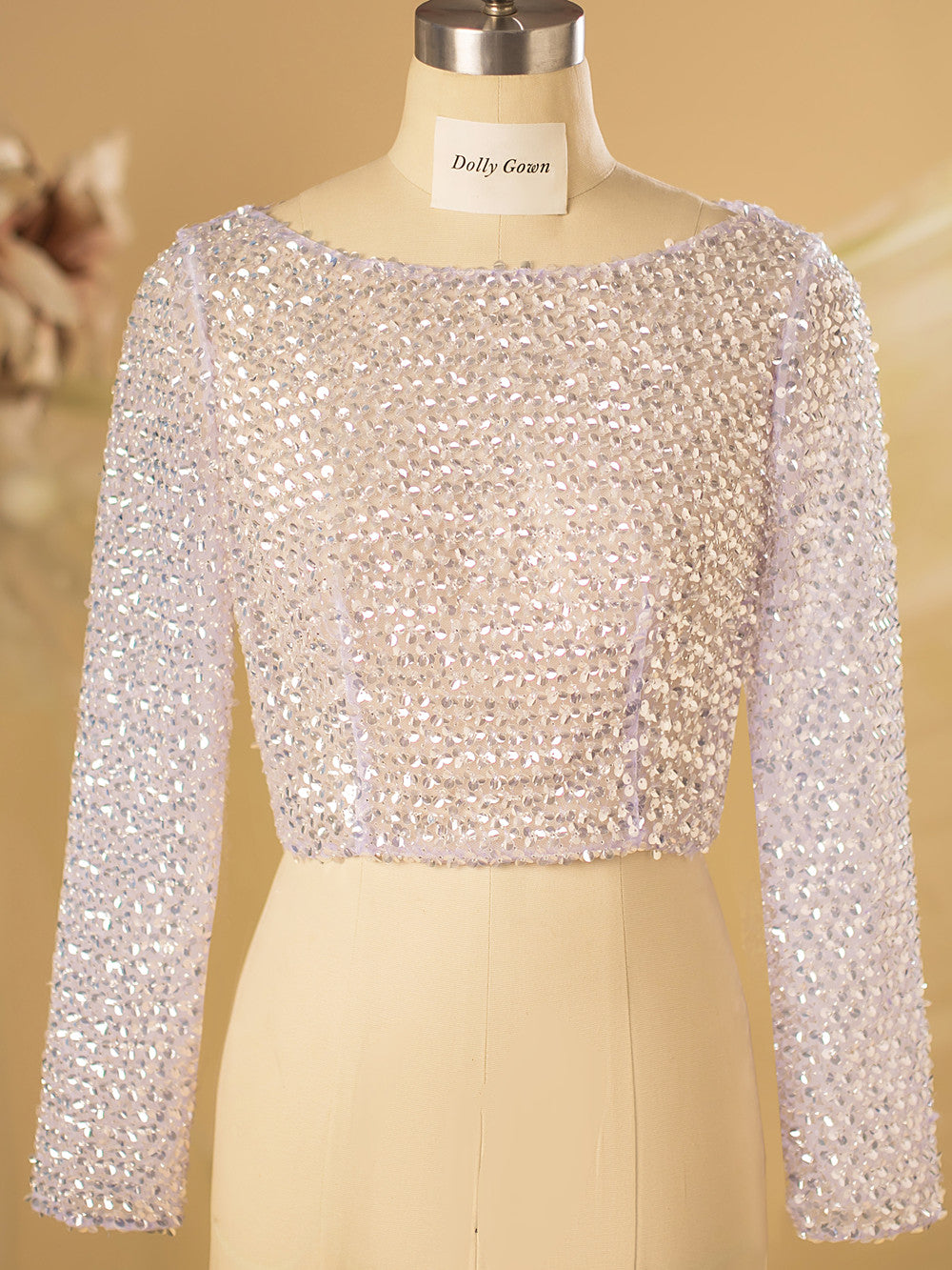 Gilitter Sequins Open Back Bridal Top with Long Sleeves - DollyGown