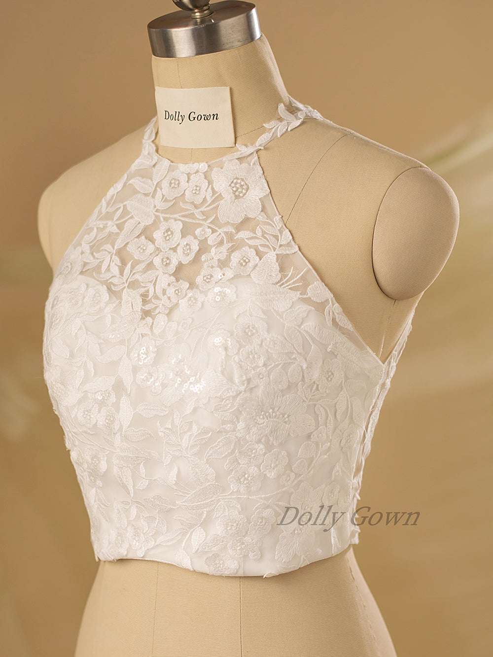 Dustine Halter Neck Floral Lace Bridal Top - DollyGown