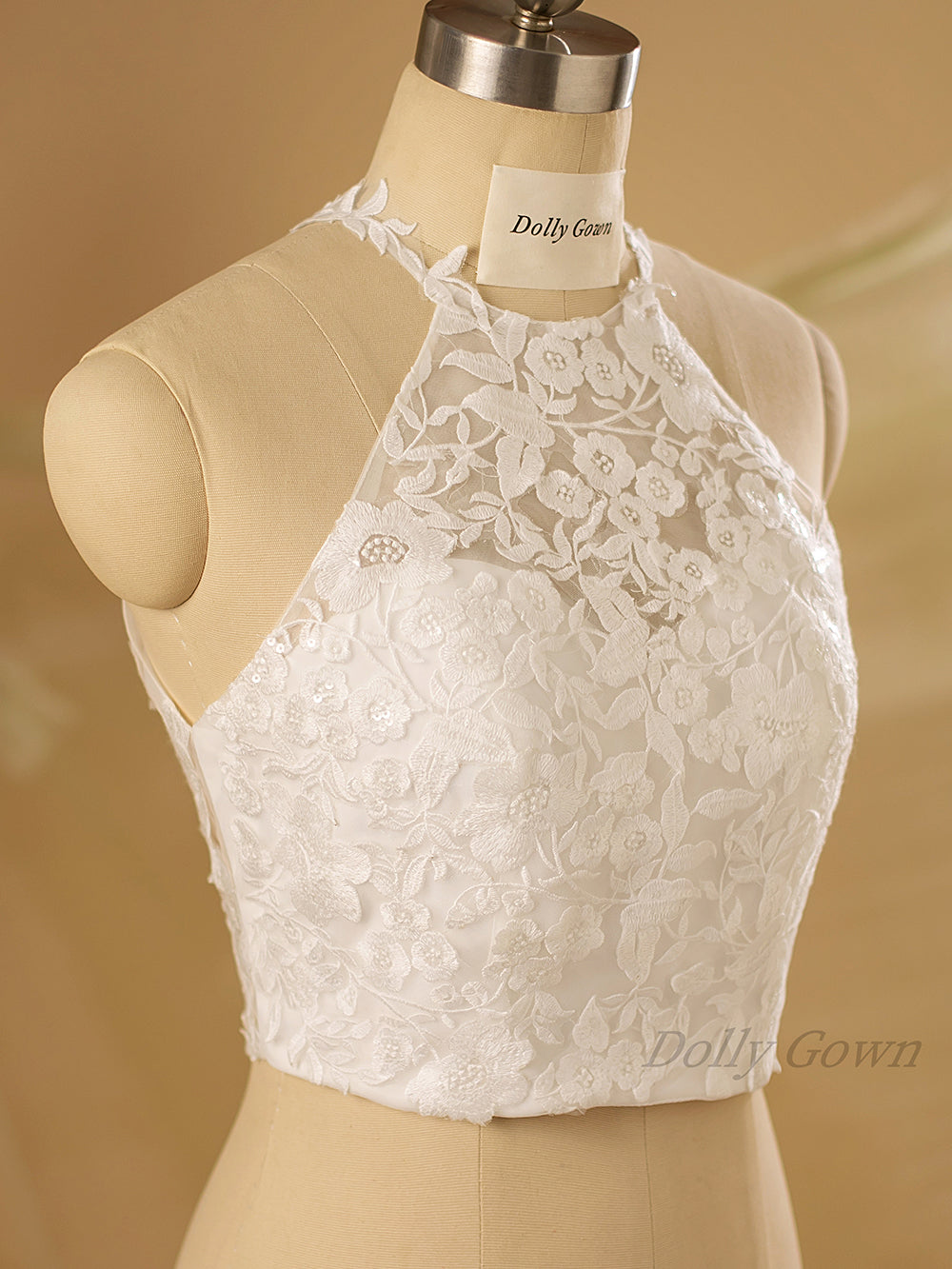 Dustine Halter Neck Floral Lace Bridal Top - DollyGown