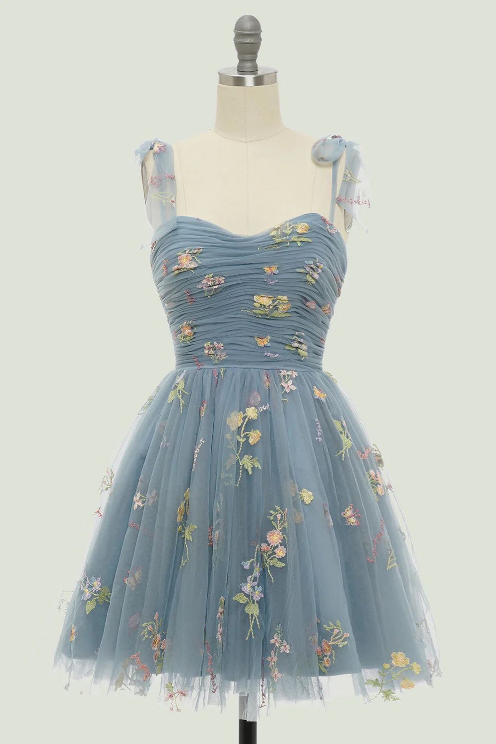 Dusty Blue Floral Embroidery Short Homecoming Dress - DollyGown